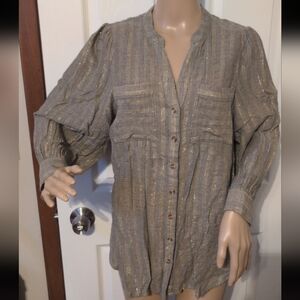 Akemi + Kin Women's Gray Button Down Shirt With Metallic/Gold Stripes